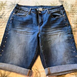 Denim stud embellished 10 inch inseam shorts